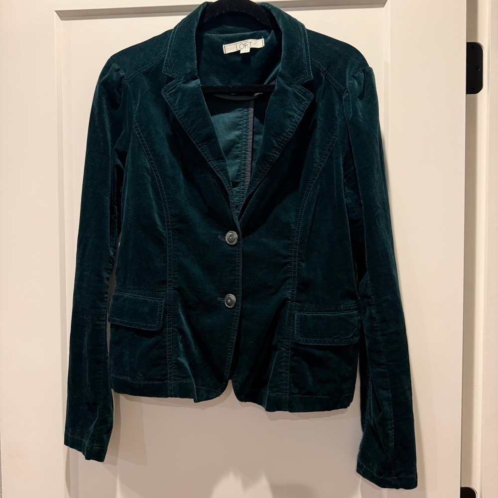 Preppy Dark Academia LOFT Velvet Blazer 8 Teal Green Cotton Stretch